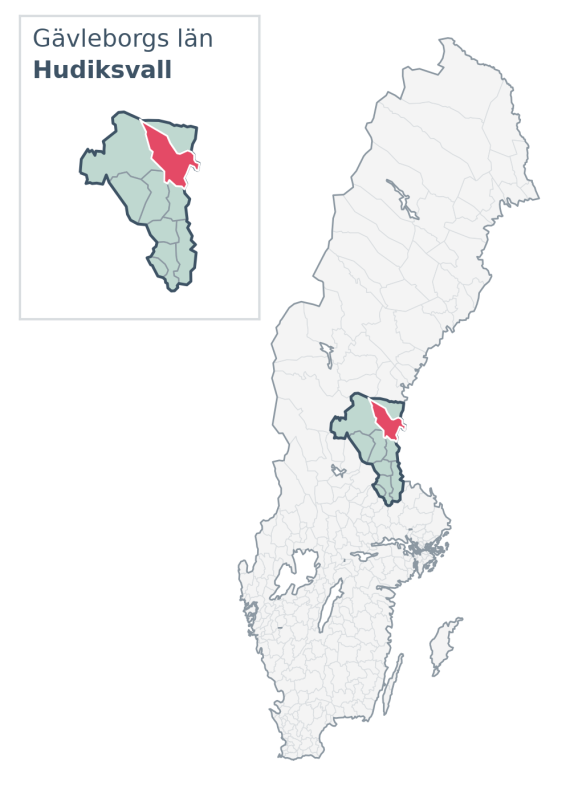 Översiktskarta över Hudiksvall kommun i Gävleborgs län, med kommunens läge i Sverige.