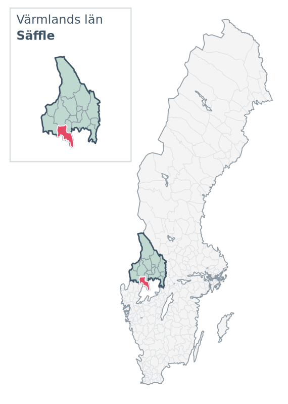Översiktskarta över Säffle kommun i Värmlands län, med kommunens läge i Sverige.