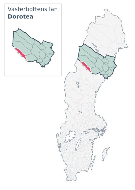 Översiktskarta över Dorotea kommun i Västerbottens län, med kommunens läge i Sverige.