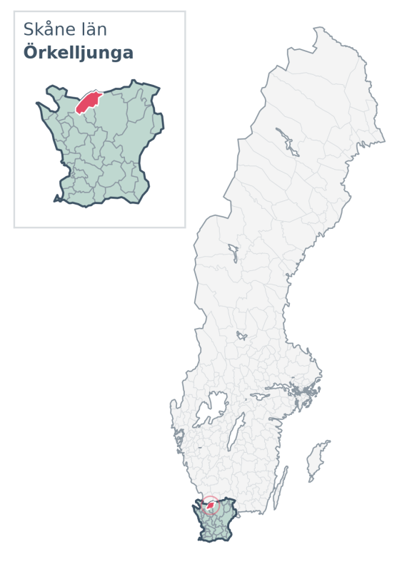 Översiktskarta över Örkelljunga kommun i Skåne län, med kommunens läge i Sverige.