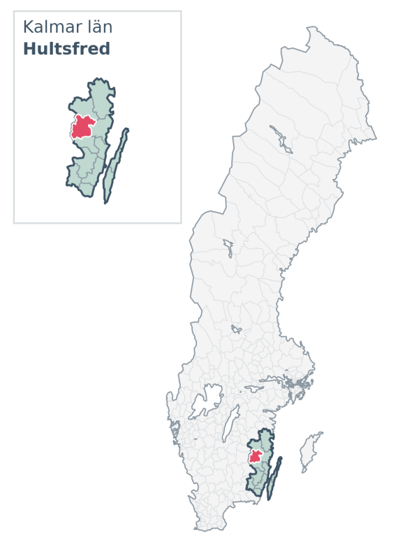 Översiktskarta över Hultsfred kommun i Kalmar län, med kommunens läge i Sverige.