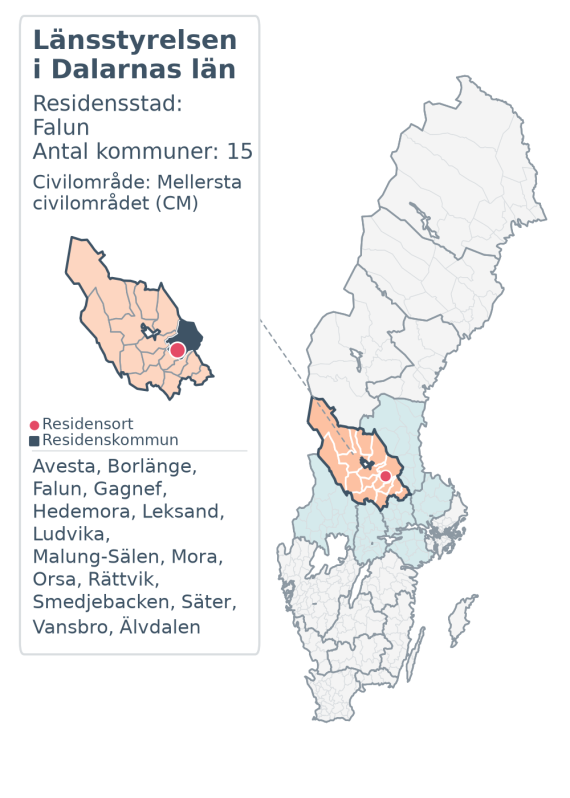Översiktskarta över Länsstyrelsen i Dalarnas län. Länet är markerat i Sverige och inom sitt civilområde.