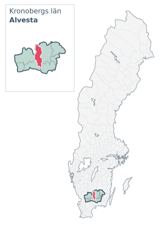 Översiktskarta över Alvesta kommun i Kronobergs län, med kommunens läge i Sverige.