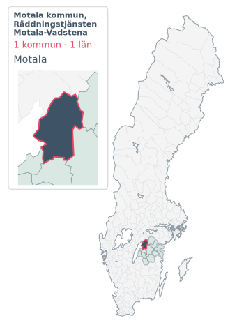 Täckningskarta för Motala kommun, Räddningstjänsten Motala-Vadstena. 1 medlemskommuner enligt Klick Datas organisationslista.