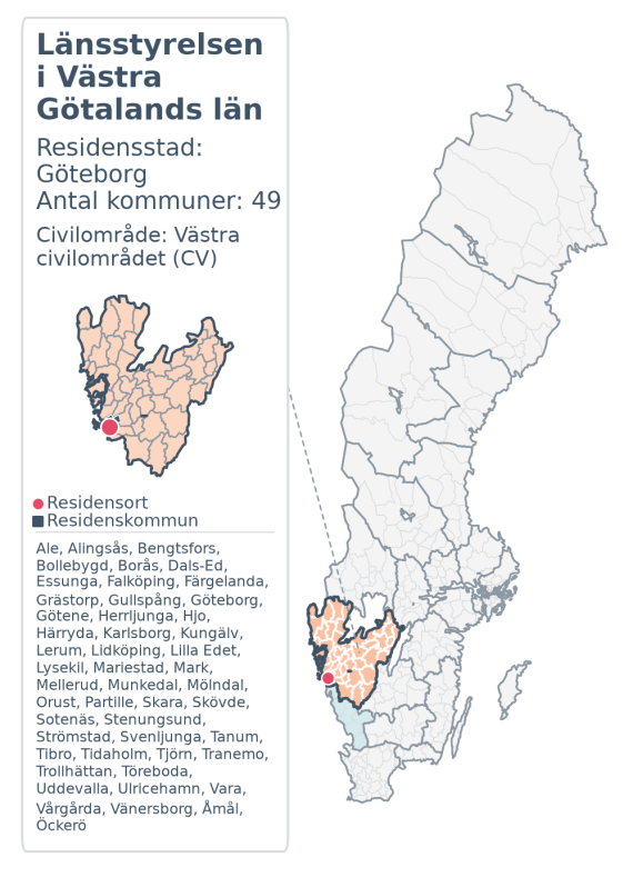 Översiktskarta över Länsstyrelsen i Västra Götalands län. Länet är markerat i Sverige och inom sitt civilområde.