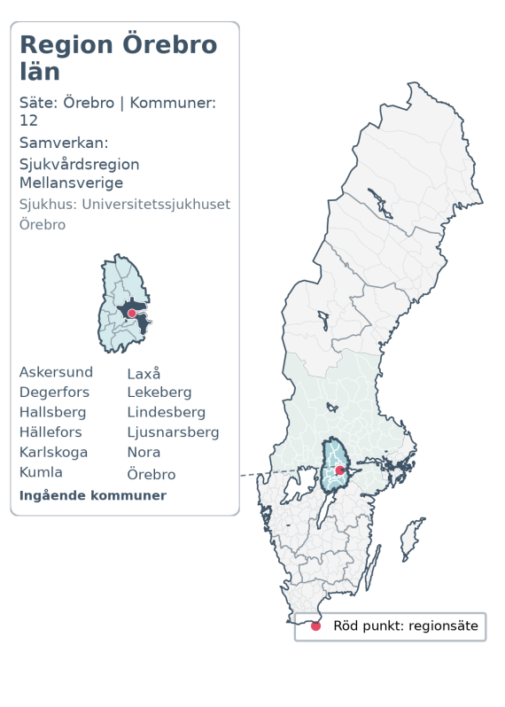 Översiktskarta över Region Örebro län. Regionen är markerad i Sverige.