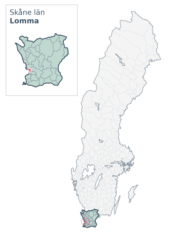 Översiktskarta över Lomma kommun i Skåne län, med kommunens läge i Sverige.