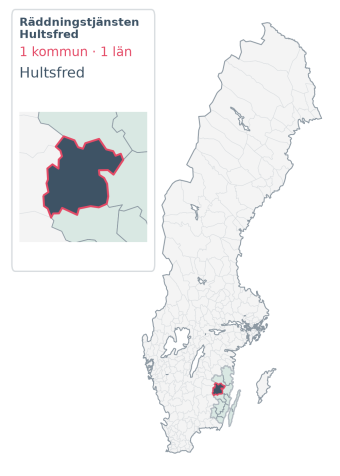 Täckningskarta för Räddningstjänsten Hultsfred. 1 medlemskommuner enligt Klick Datas organisationslista.