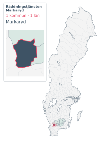 Täckningskarta för Räddningstjänsten Markaryd. 1 medlemskommuner enligt Klick Datas organisationslista.