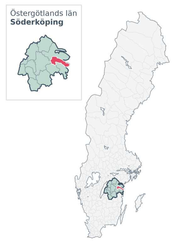 Översiktskarta över Söderköping kommun i Östergötlands län, med kommunens läge i Sverige.
