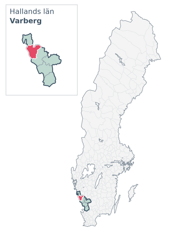 Översiktskarta över Varberg kommun i Hallands län, med kommunens läge i Sverige.