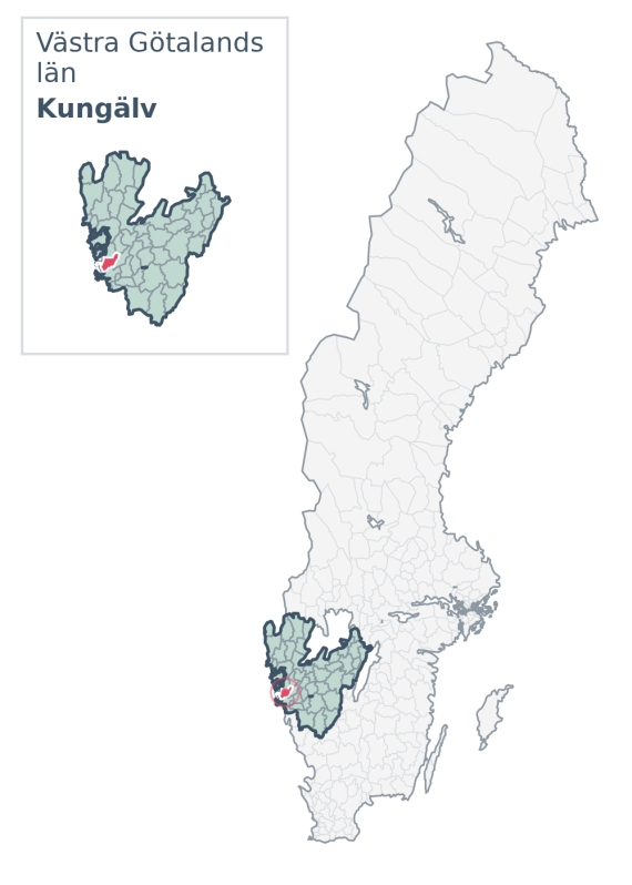 Översiktskarta över Kungälv kommun i Västra Götalands län, med kommunens läge i Sverige.