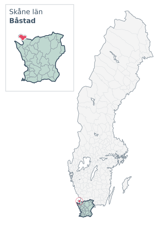 Översiktskarta över Båstad kommun i Skåne län, med kommunens läge i Sverige.