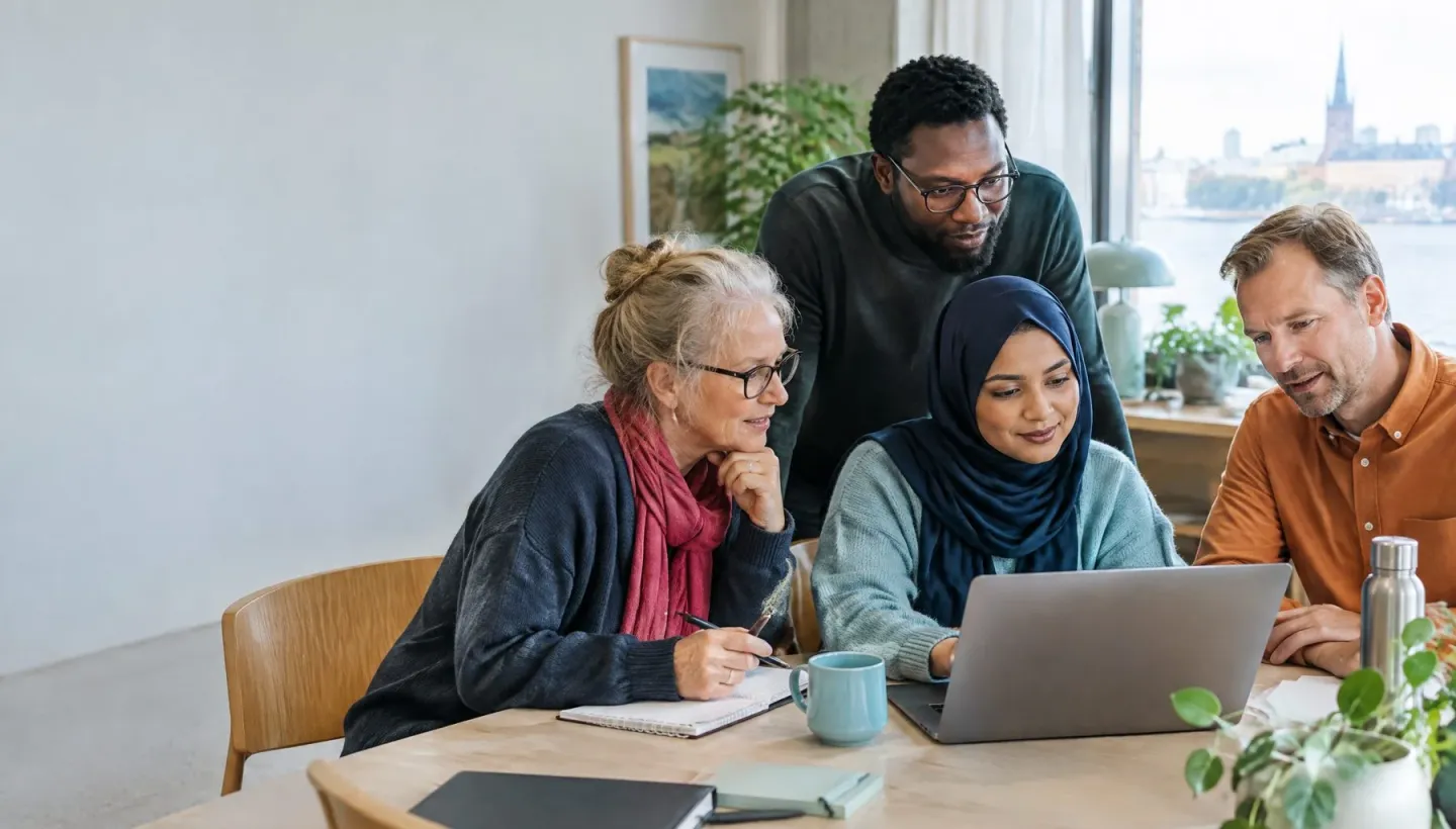En grupp yrkesverksamma lär tillsammans vid en dator