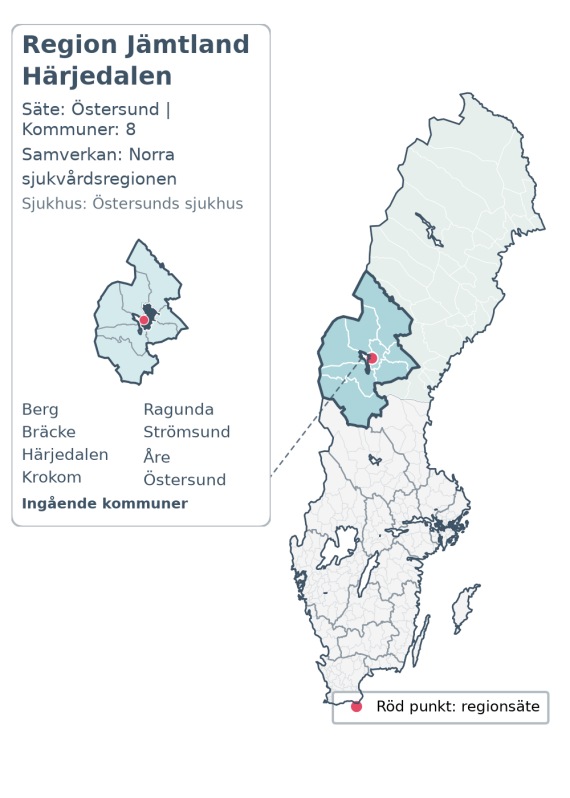 Översiktskarta över Region Jämtland Härjedalen. Regionen är markerad i Sverige.