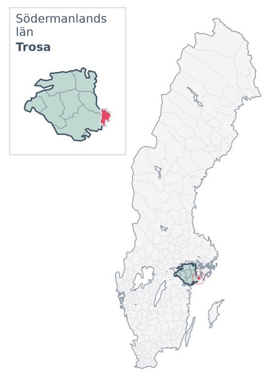 Översiktskarta över Trosa kommun i Södermanlands län, med kommunens läge i Sverige.