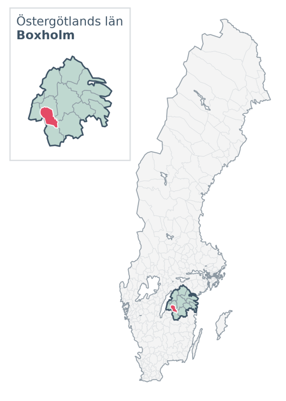 Översiktskarta över Boxholm kommun i Östergötlands län, med kommunens läge i Sverige.