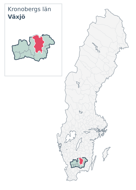 Översiktskarta över Växjö kommun i Kronobergs län, med kommunens läge i Sverige.