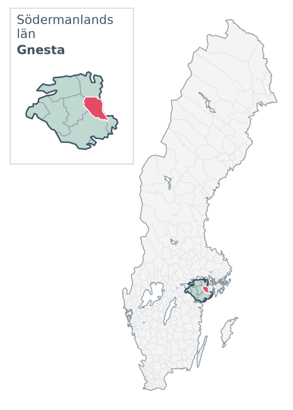 Översiktskarta över Gnesta kommun i Södermanlands län, med kommunens läge i Sverige.