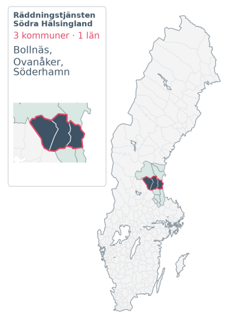 Täckningskarta för Räddningstjänsten Södra Hälsingland. 3 medlemskommuner enligt Klick Datas organisationslista.