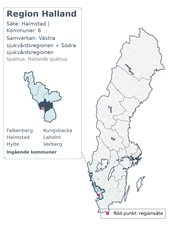 Översiktskarta över Region Halland. Regionen är markerad i Sverige.