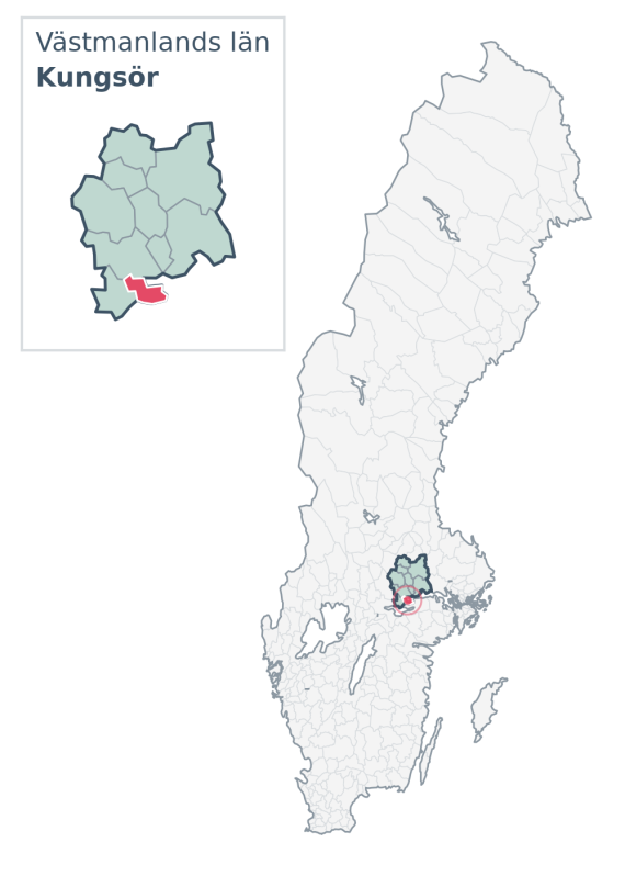 Översiktskarta över Kungsör kommun i Västmanlands län, med kommunens läge i Sverige.