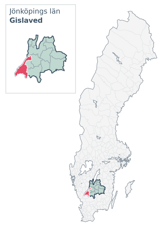 Översiktskarta över Gislaved kommun i Jönköpings län, med kommunens läge i Sverige.