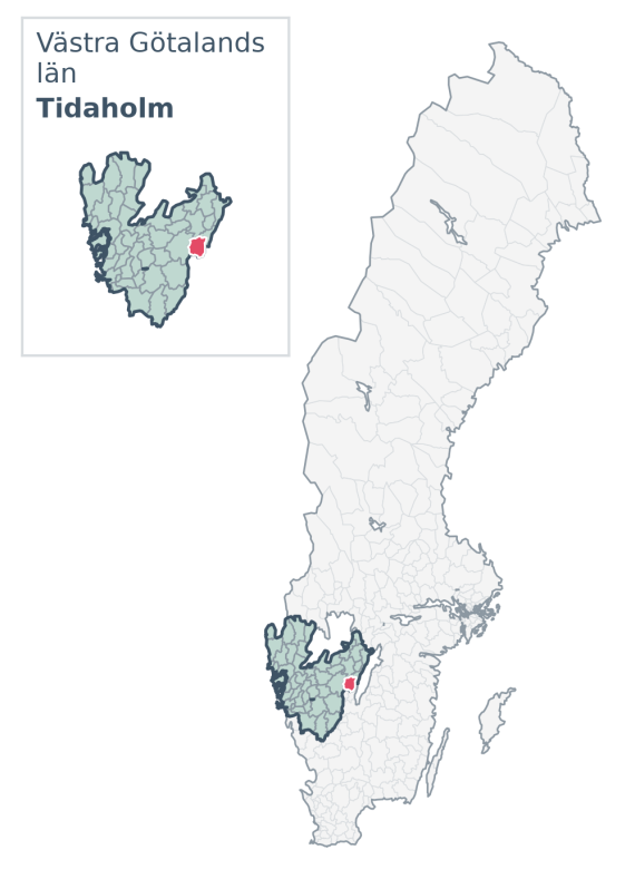 Översiktskarta över Tidaholm kommun i Västra Götalands län, med kommunens läge i Sverige.