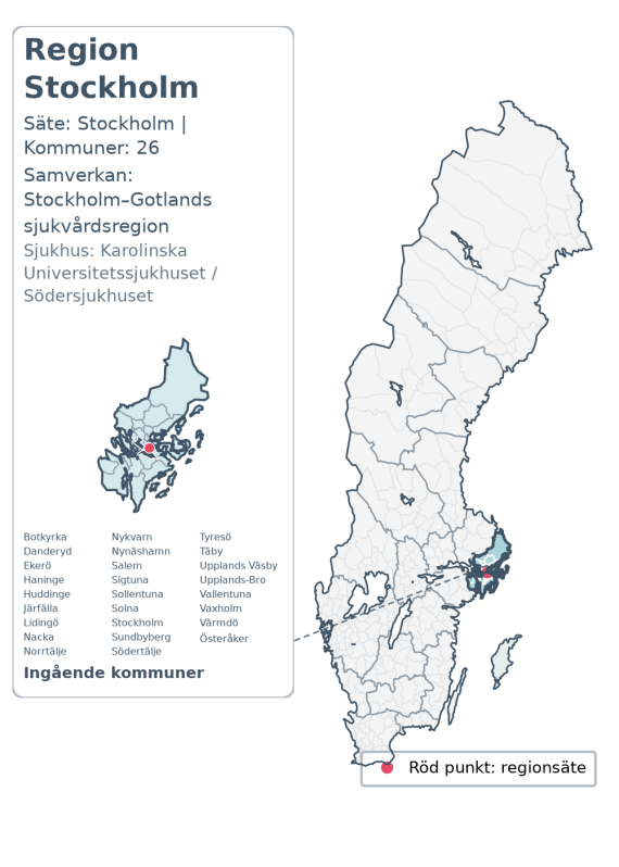 Översiktskarta över Region Stockholm. Regionen är markerad i Sverige.