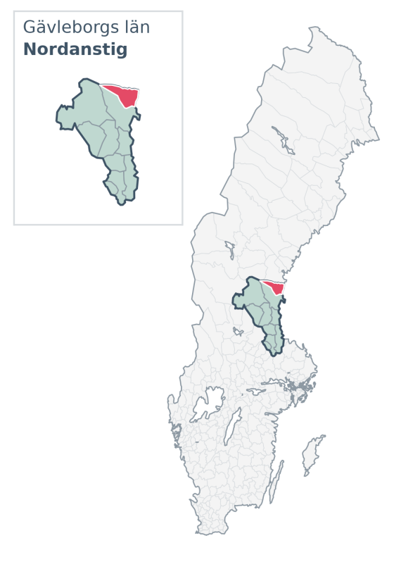Översiktskarta över Nordanstig kommun i Gävleborgs län, med kommunens läge i Sverige.