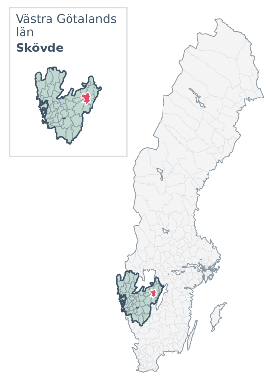 Översiktskarta över Skövde kommun i Västra Götalands län, med kommunens läge i Sverige.