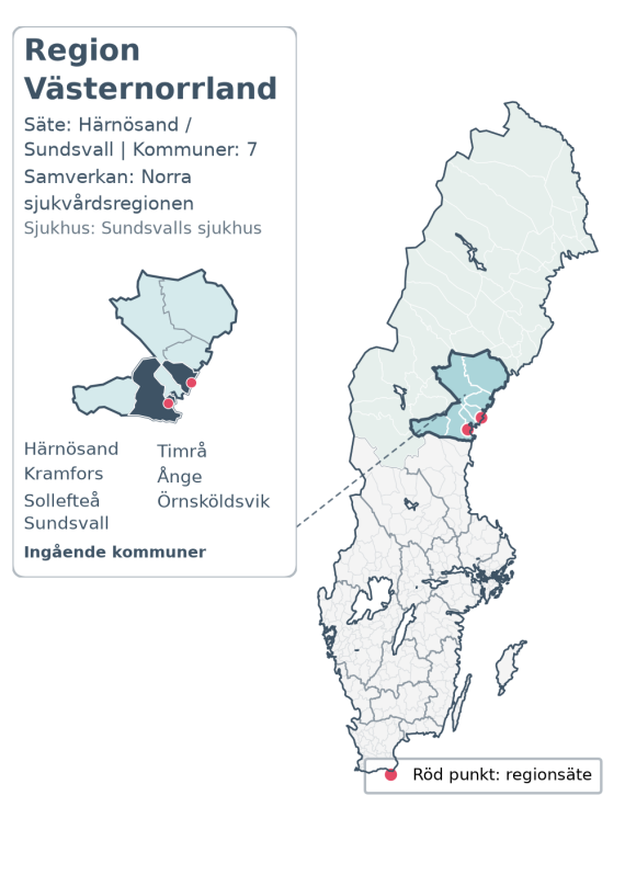 Översiktskarta över Region Västernorrland. Regionen är markerad i Sverige.
