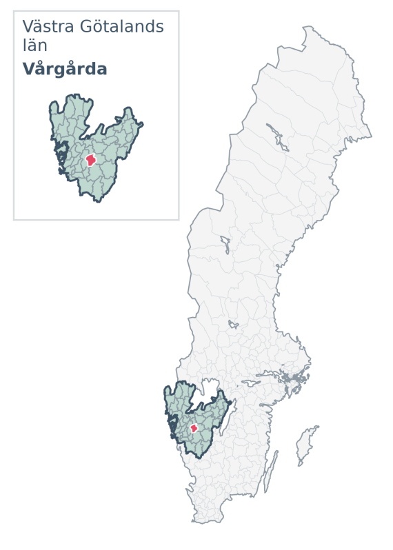 Översiktskarta över Vårgårda kommun i Västra Götalands län, med kommunens läge i Sverige.