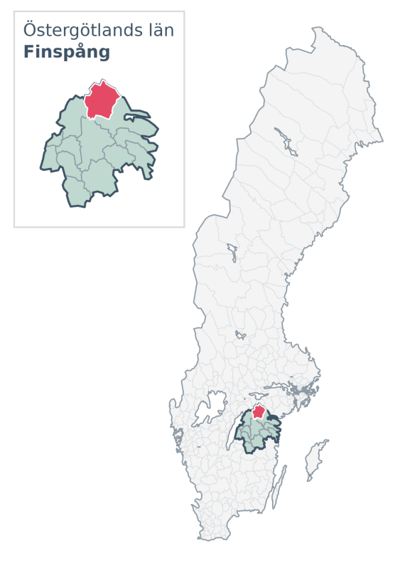Översiktskarta över Finspång kommun i Östergötlands län, med kommunens läge i Sverige.