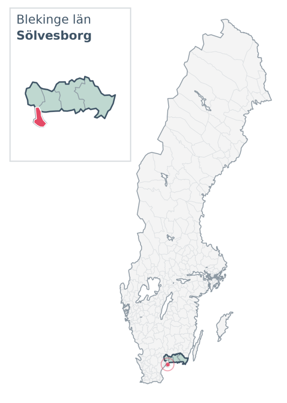 Översiktskarta över Sölvesborg kommun i Blekinge län, med kommunens läge i Sverige.