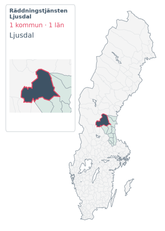 Täckningskarta för Räddningstjänsten Ljusdal. 1 medlemskommuner enligt Klick Datas organisationslista.