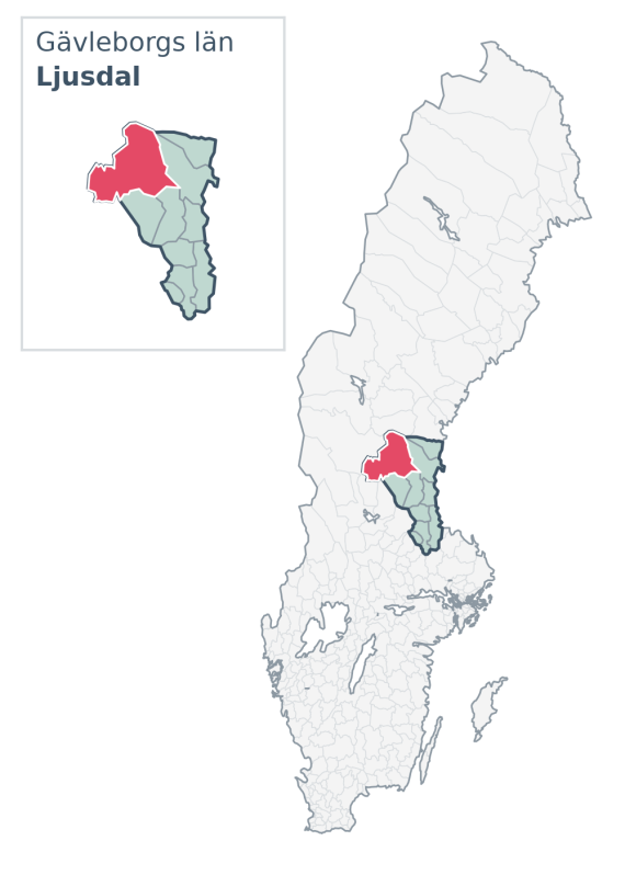 Översiktskarta över Ljusdal kommun i Gävleborgs län, med kommunens läge i Sverige.