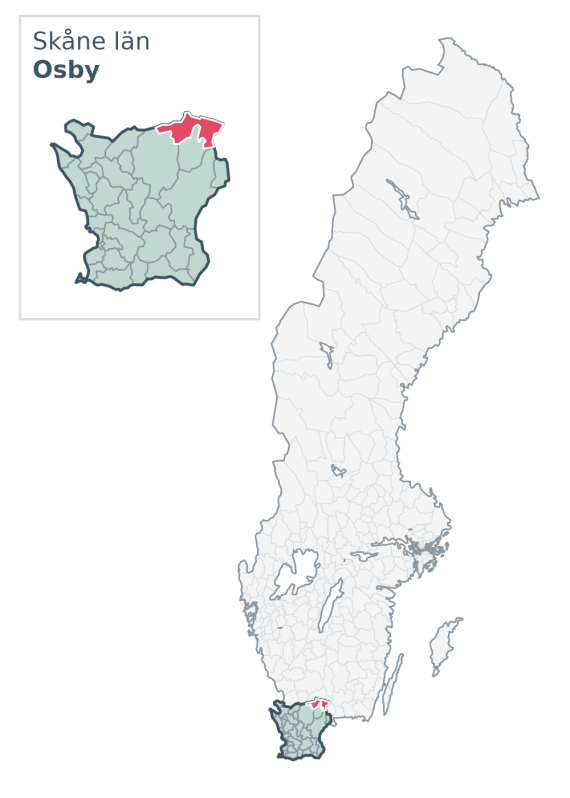 Översiktskarta över Osby kommun i Skåne län, med kommunens läge i Sverige.
