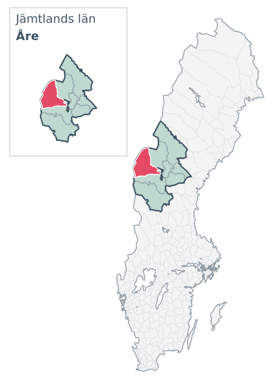 Översiktskarta över Åre kommun i Jämtlands län, med kommunens läge i Sverige.