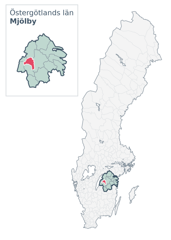 Översiktskarta över Mjölby kommun i Östergötlands län, med kommunens läge i Sverige.