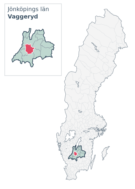Översiktskarta över Vaggeryd kommun i Jönköpings län, med kommunens läge i Sverige.