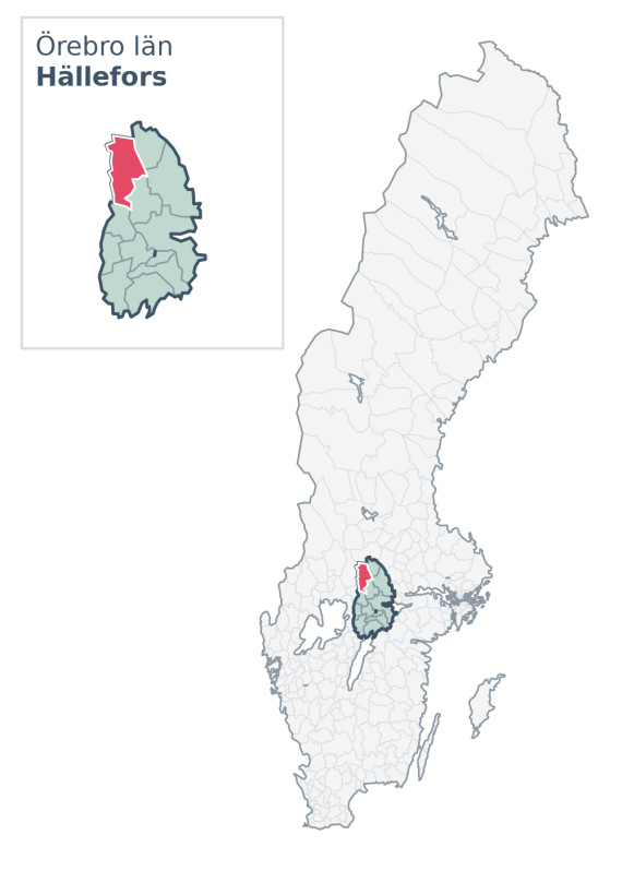 Översiktskarta över Hällefors kommun i Örebro län, med kommunens läge i Sverige.
