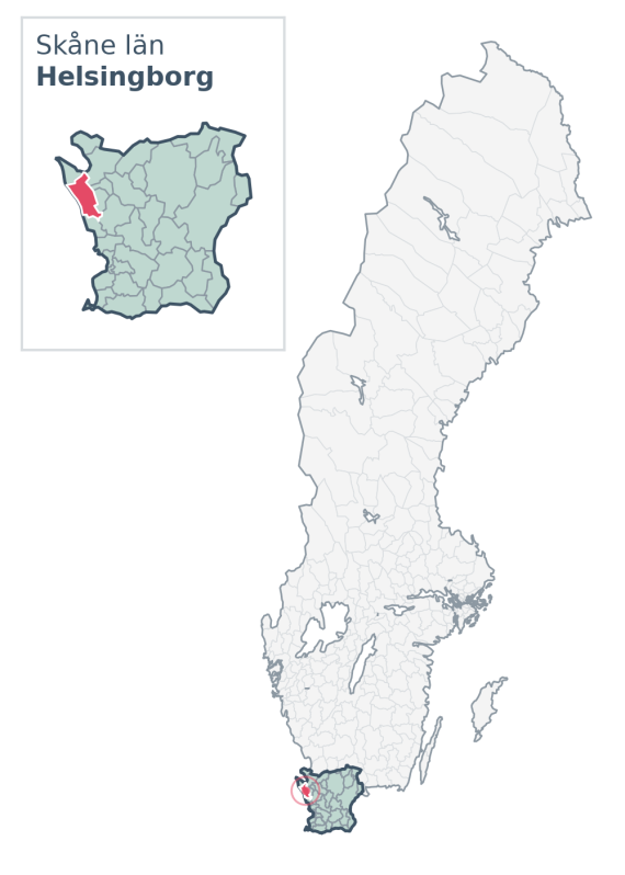 Översiktskarta över Helsingborg kommun i Skåne län, med kommunens läge i Sverige.