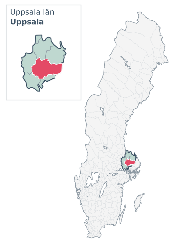 Översiktskarta över Uppsala kommun i Uppsala län, med kommunens läge i Sverige.