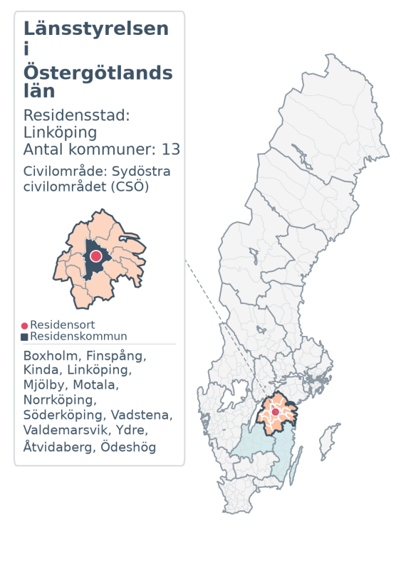 Översiktskarta över Länsstyrelsen i Östergötlands län. Länet är markerat i Sverige och inom sitt civilområde.