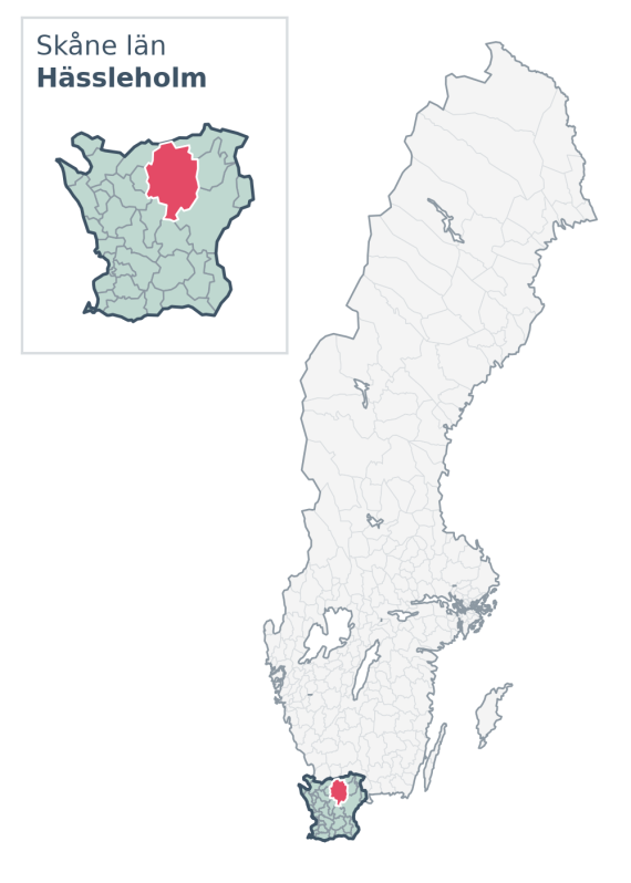 Översiktskarta över Hässleholm kommun i Skåne län, med kommunens läge i Sverige.