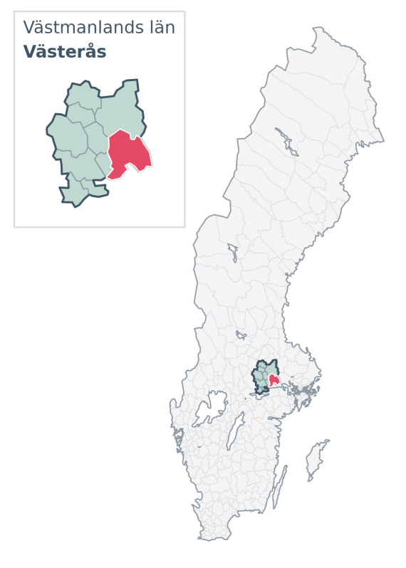 Översiktskarta över Västerås kommun i Västmanlands län, med kommunens läge i Sverige.