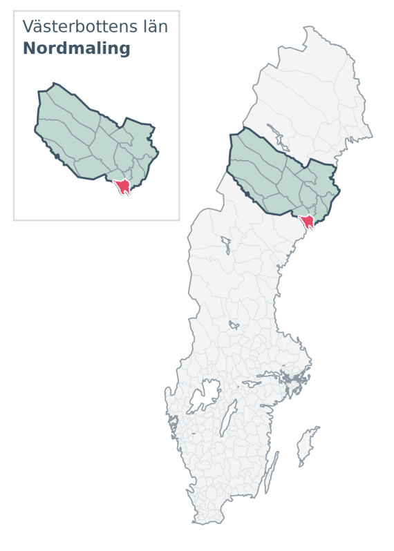 Översiktskarta över Nordmaling kommun i Västerbottens län, med kommunens läge i Sverige.