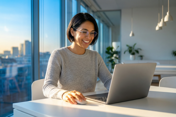 Medarbetare arbetar med kursmaterial på laptop