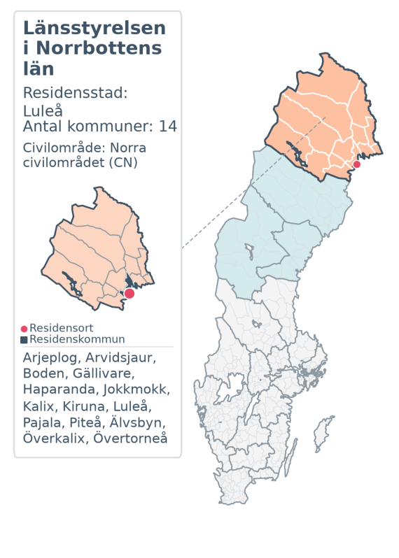 Översiktskarta över Länsstyrelsen i Norrbottens län. Länet är markerat i Sverige och inom sitt civilområde.